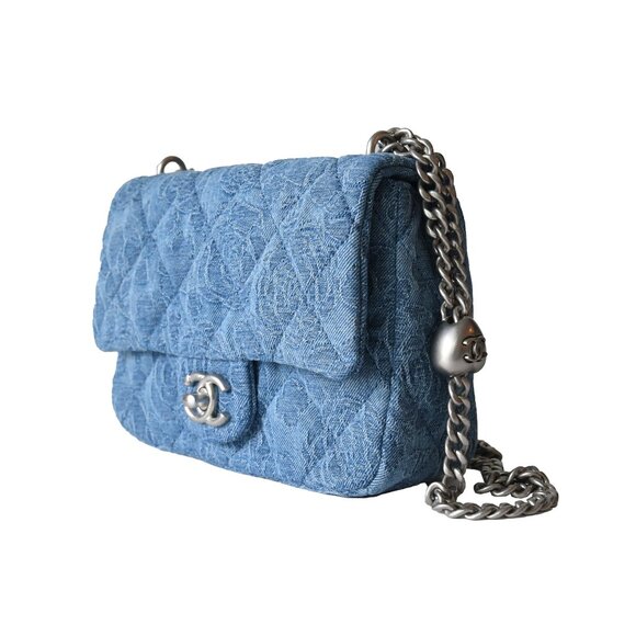 Chanel Denim Quilted Camellia Sweetheart Flap Bag Silver Hardware Blue